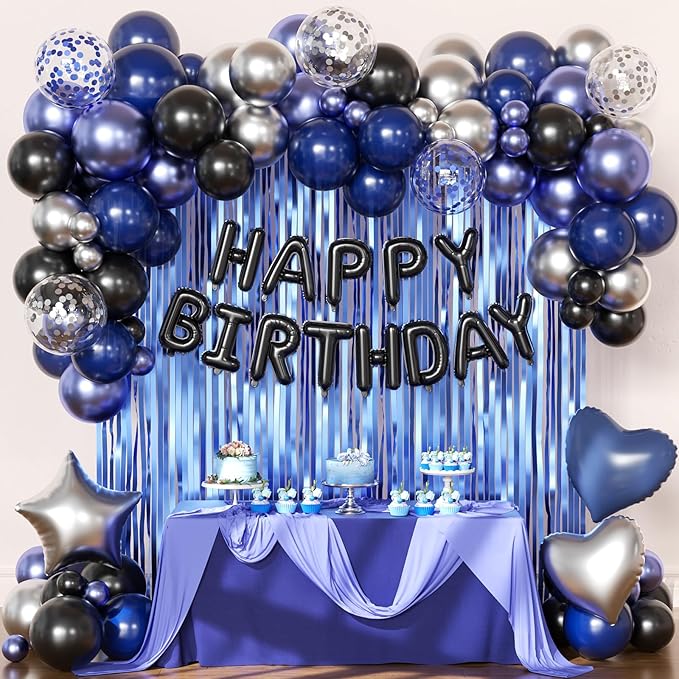 Navy Blue and Black Birthday Decorations for Men, Metallic Navy Blue Black Silver Foil Confetti Balloons Happy Birthday Banner Fringe Curtains Birthday Decorations for Boy Girls Women Men