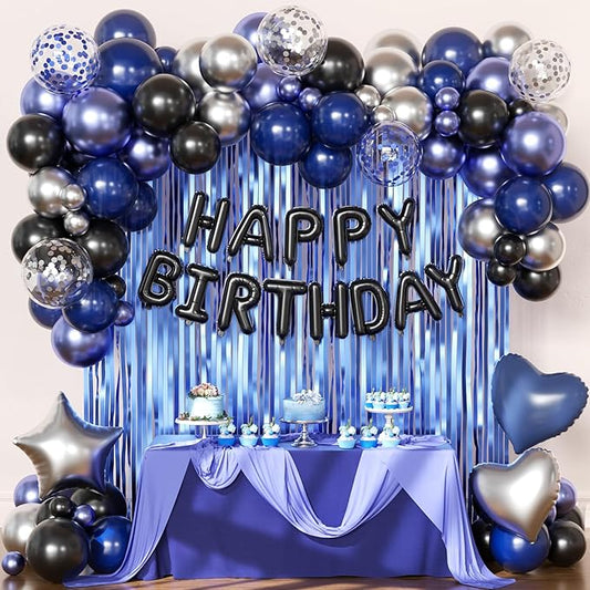 Navy Blue and Black Birthday Decorations for Men, Metallic Navy Blue Black Silver Foil Confetti Balloons Happy Birthday Banner Fringe Curtains Birthday Decorations for Boy Girls Women Men