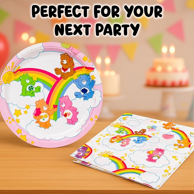 Silver Buffalo Care Bears Featuring Grumpy, Good Luck, Tenderheart, Love-A-Lot, Friend, Cheer, and Birthday 32 Pack Partyware Disposable Paper Plates and Napkins
