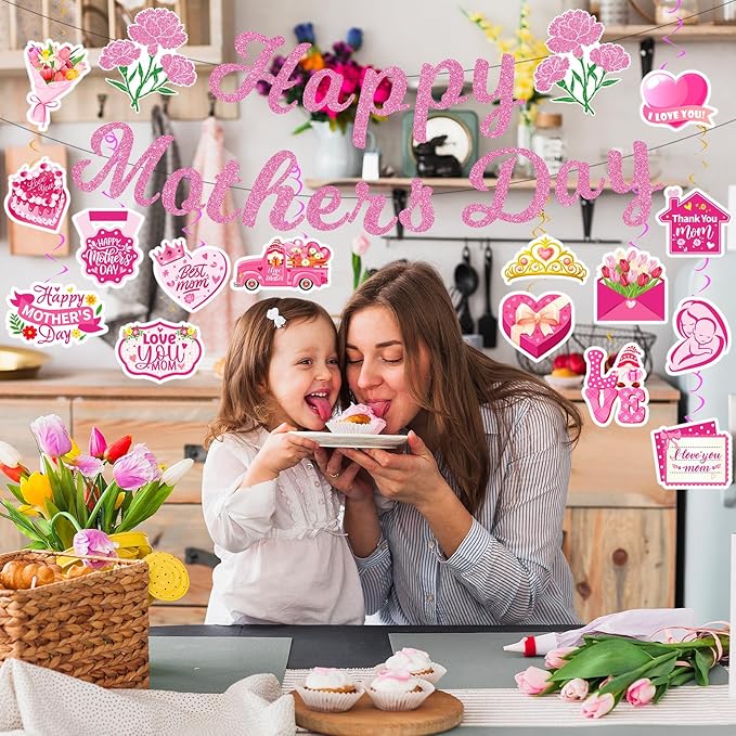 Mother’s Day Decorations Set – Happy Mother’s Day Banner with Floral Garland, Hanging Swirls, and Heart & Flower Cutouts for Mother’s Day Party, Home Décor, and Photo Backdrop