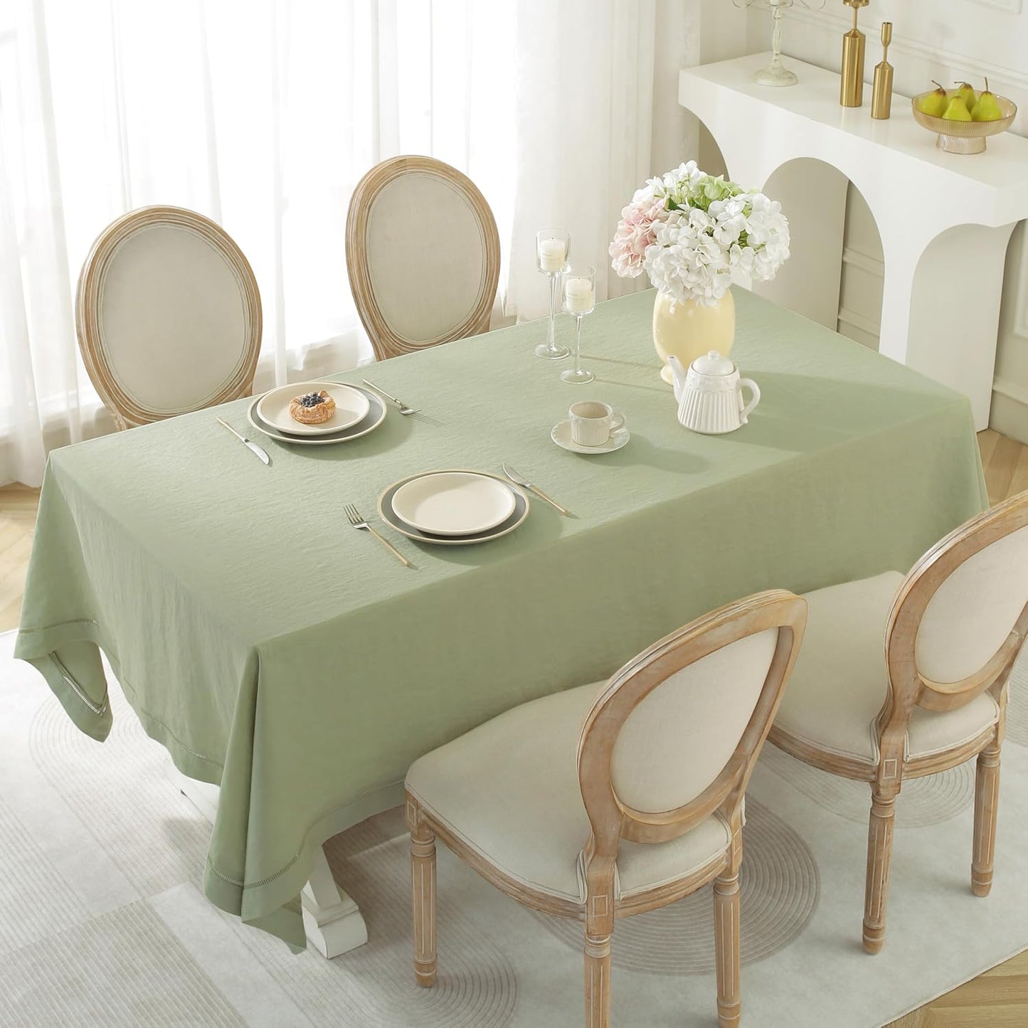 Linen World Hemstitch Linen Tablecloth,French Linen Sage Tablecloth 108" x 60" Inch,Washable Rectangular Table Cloth for Dining,Outdoor,Weddings and Restaurants,Decorative Thanksgiving Christmas