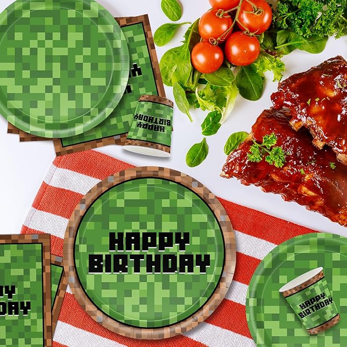 168Pcs Pixel Birthday Decorations, Includes Plates Napkins Cups Knives Forks Spoons, Pixel Party Decorations, Serve 24