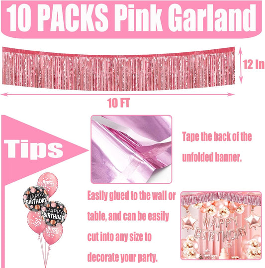 10 Pack 10 Feet Pink Foil Fringe Garland Metallic Tinsel Streamers Banner Wall Hanging Curtain Backdrop for Parade Floats, Bachelorette, Wedding, Birthday, Halloween, Christmas Party Decorations