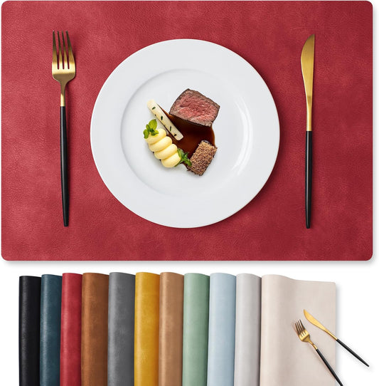 MOSAYT Christmas Vinyl Placemats Set of 6-12 X 17 Inch - Faux Leather 100% Waterproof Oil-Proof Wipeable PU Place Mats, Heat Resistant Reversible Table Mats for Kitchen, Dining, Outdoor (Red)