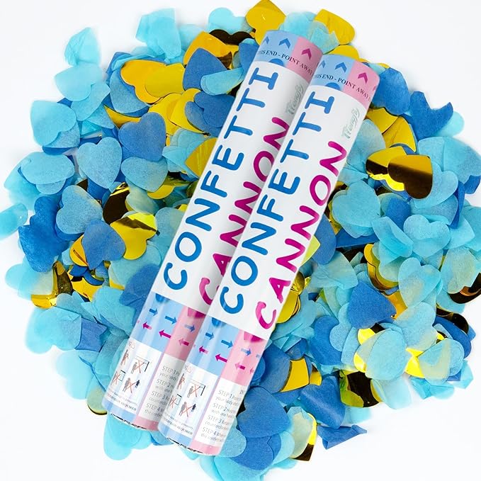 2 Pack Gender Reveal Confetti Cannon, 12 in Blue Heart shaped Paper Party Poppers Cannons, Confetti Poppers For Baby Boy Girl Gender Reveal Baby Showers (Heart, Blue)