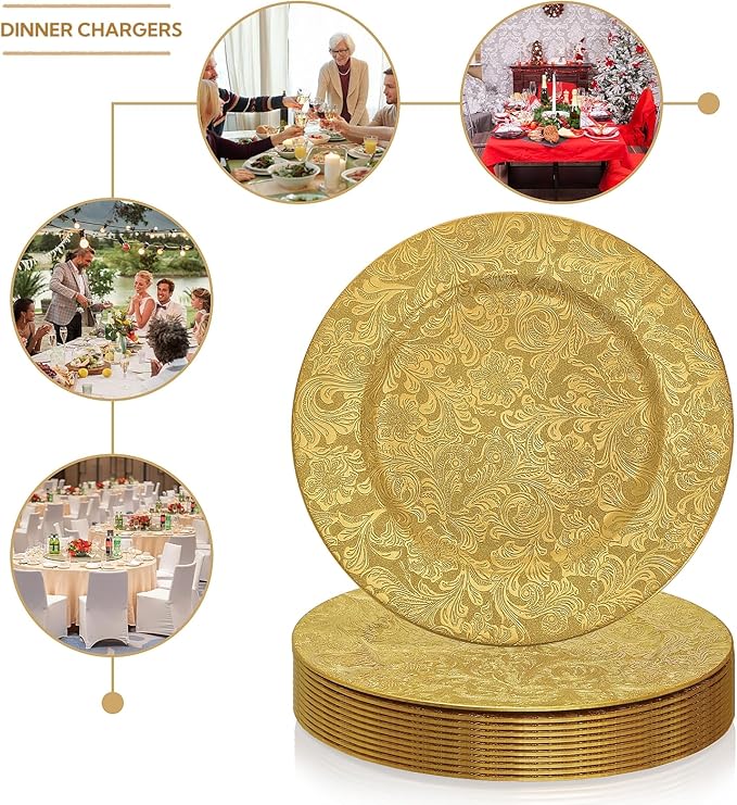 ZOOFOX 12 Pack Gold Charger Plates, 13" Plastic Round Antique Plate Chargers for Dinner Plates, Floral Charger Plates for Wedding Dinner Party Table Setting Decor