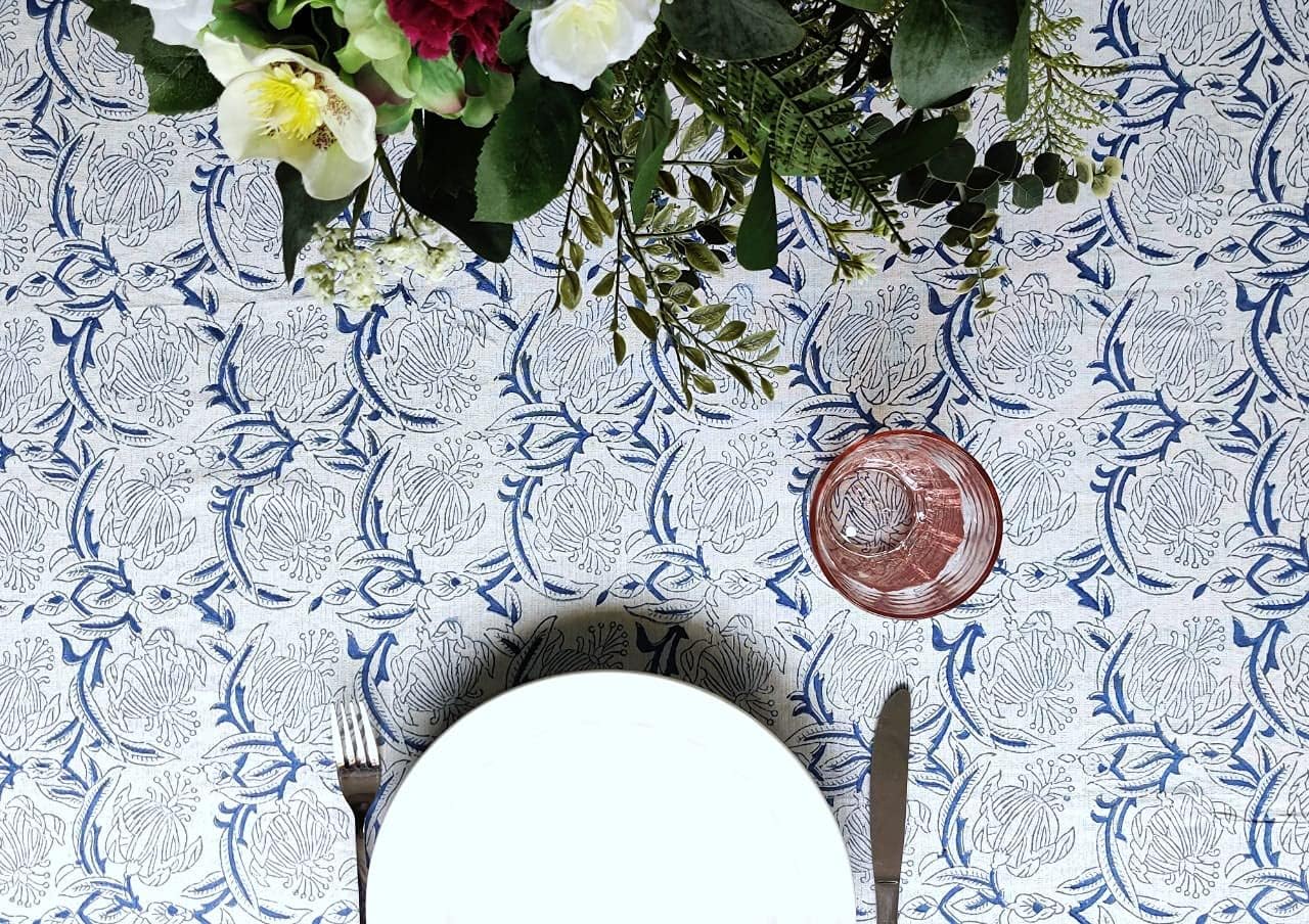 ATOSII ‘Santorini’ 100% Cotton Fall Tablecloth, Handblock Print Blue Rectangle Table Cloth for Kitchen I Dining Table Linen I Parties Wedding Christmas Thanksgiving I Fall Decor 60 X 108 Inches
