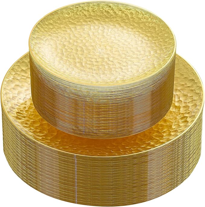 Rubtlamp 60Pcs Yellow Gold Plastic Plates, Yellow Disposable Plates With Gold Rim, Clear Heavy-duty Party Supplies, Hammered Plastic Plates Include 30 Dessert Platos, 30 Dinner Platos for Easter