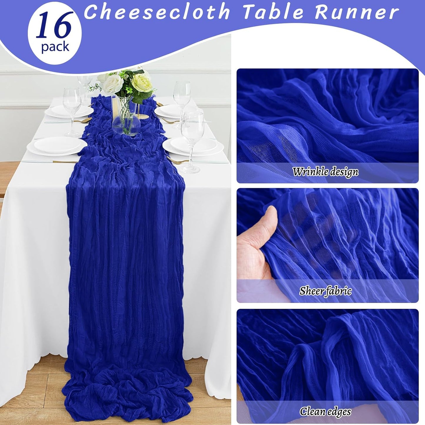 16Pack Royal Blue Table Runners 10FT Cheesecloth Table Runner 35x120Inch Long Boho Cheese Cloth Table Runner Rustic Gauze Table Runners for Party Wedding Bridal Shower Baby Shower Decorations