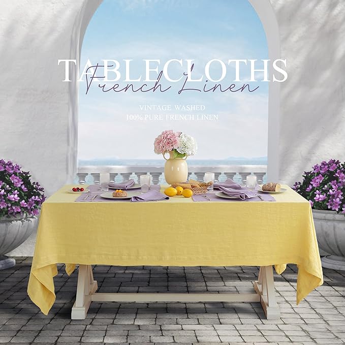 Linen World Vintage Tablecloths 60x108 Inch,100% French Linen Tablecloth,Classic Vintage Washed Table Cloths for Kitchen,Outdoor,Weddings,Decorative Thanksgiving Christmas,Mellow Yellow