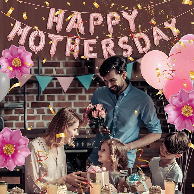 Mother’s Day Party Balloons Kit Decorations 16 inch Foil Balloon Set Happy Mother's Day Best Mom Balloon Set Heart Shape Set Decoration for Mother's Day Decoration (flower set)