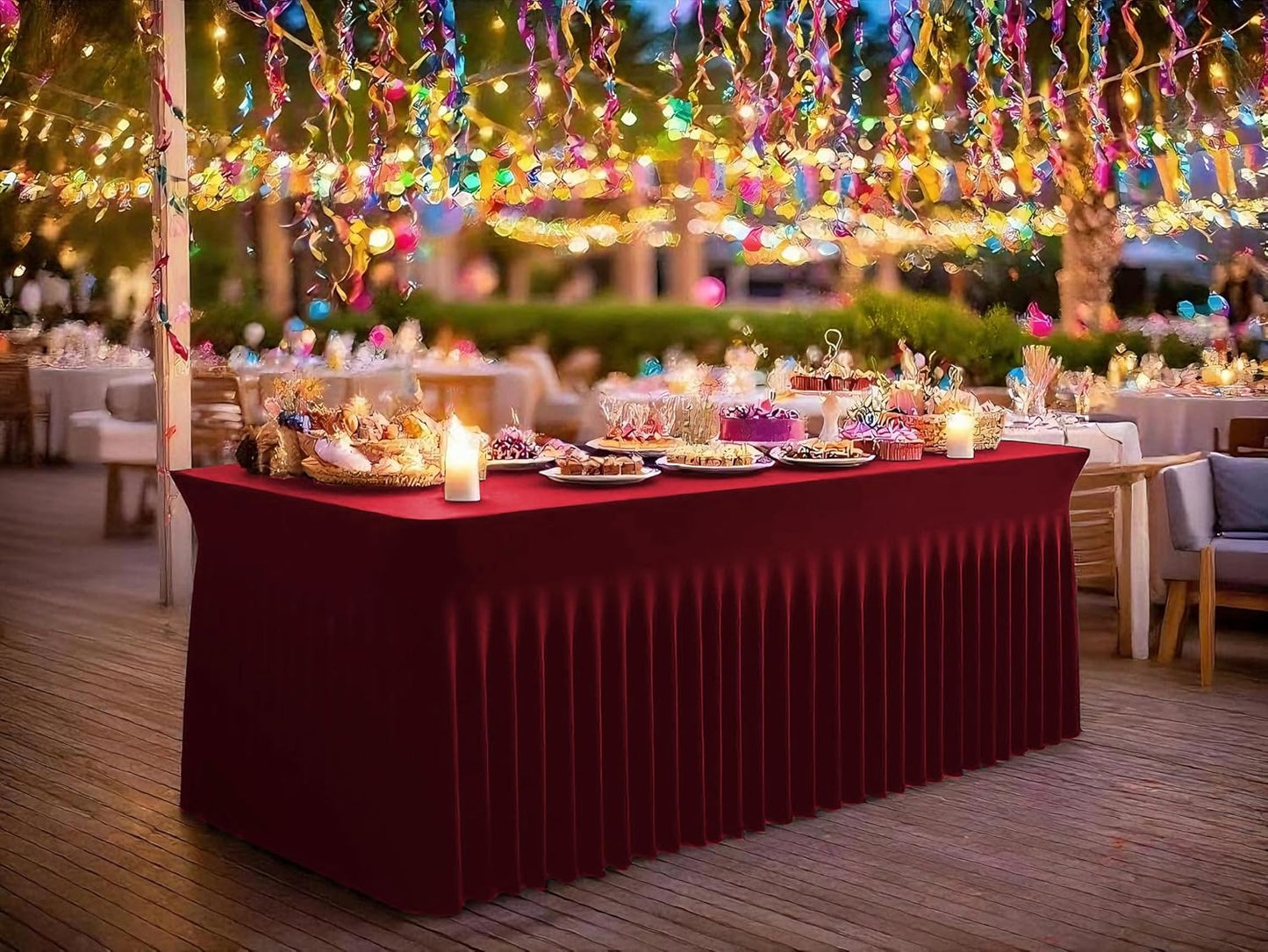 2 Packs Burgundy Stretch Table Skirts for 6 Foot Rectangle Table, Washable Spandex Stretch Tablecloths with Skirt, Wrinkle Resistant Fitted Tablecover for Wedding Party Banquet