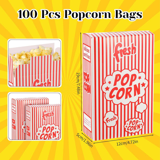 100 Pack Popcorn Containers, 1.25 oz Popcorn Boxes, Red and White Striped Close-Top Cardboard Pop Corners Bags Individual Servings for Party, Movie Night