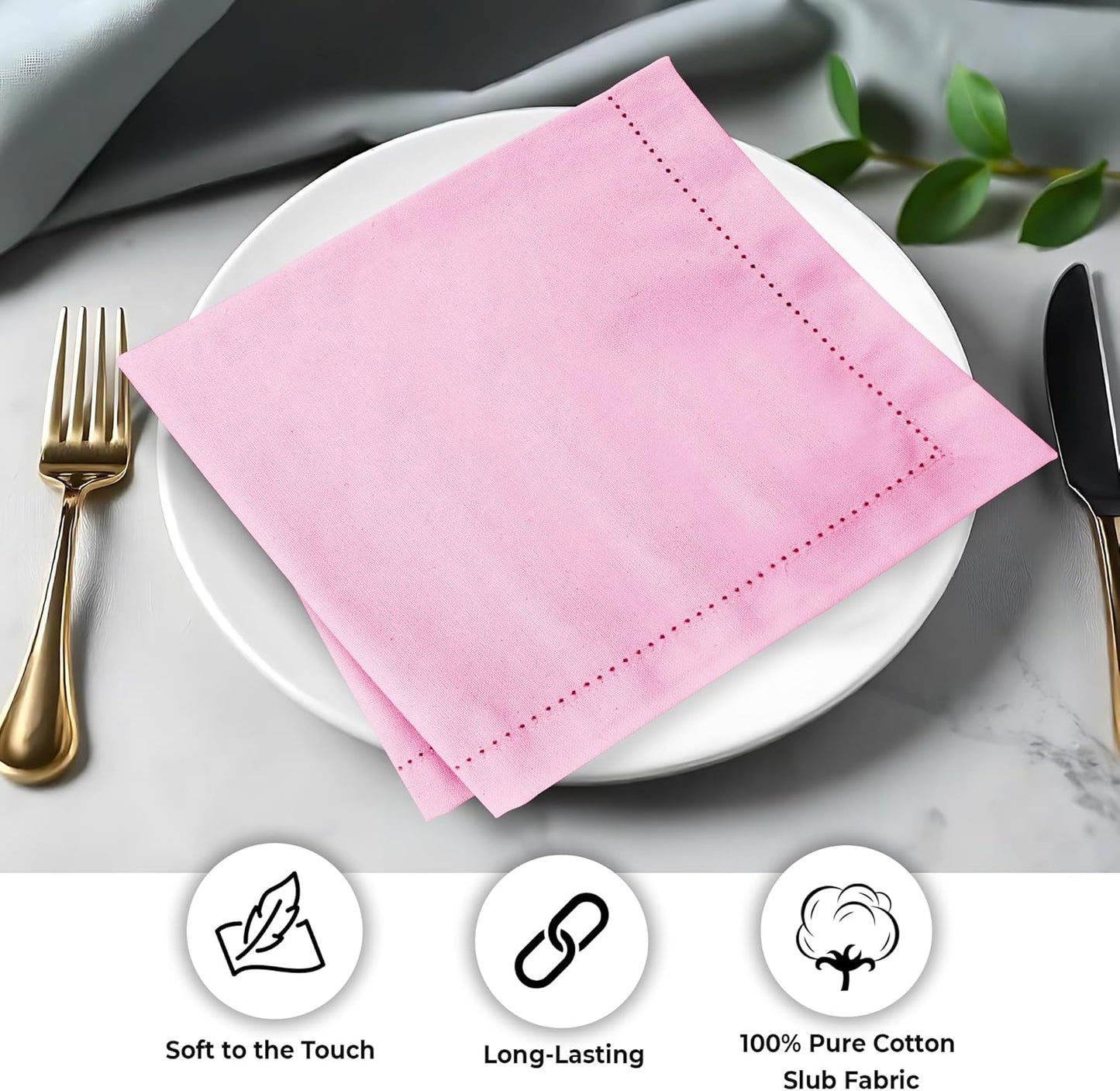 Urban Villa Easter Cloth Napkins Hemstitch Solid Pink 100% Cotton Absorbent Dinner Napkins (Set of 12) 20x20 Inches Soft Durable Washable Reusable Ideal for Everyday Use Wedding Parties Cloth Napkins
