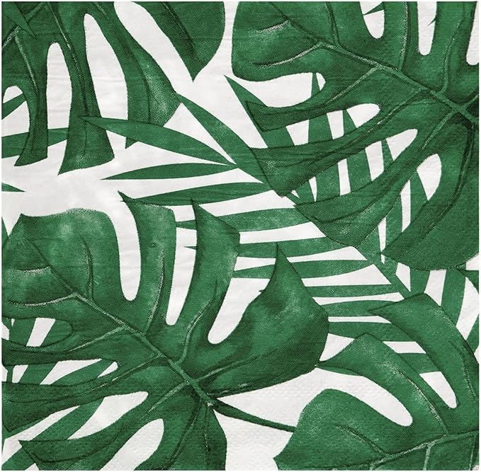 BLUE PANDA Tropical Napkins Palm Leaf Design - 6.5 x 6.5 in Folded, 150 Count, 2-Ply, Green & White - Tropical Leaf Cocktail & Tiki Napkins for Luau & Jungle Themed Parties