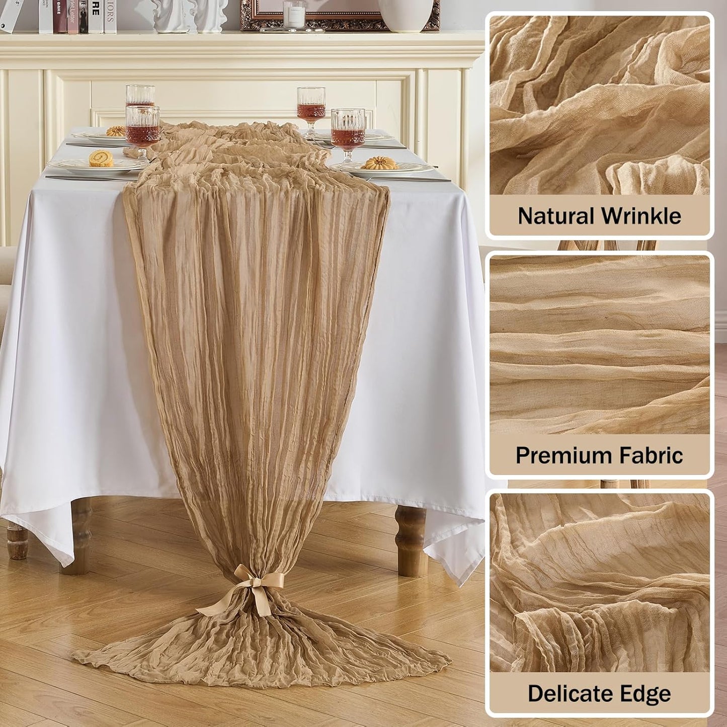 Fanami 3 Pack Cheesecloth Table Runner -10FT Nude Brown Boho Gauze Cheese Cloth Table Runner 120 Inches Long Rustic Sheer Fabric Centerpieces for Wedding Birthday Party Bridal Baby Shower Decorations