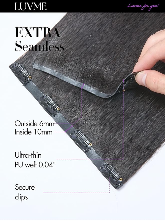 LUVME Straight Seamless 110g 7Pcs Clip in Hair Extensions Full Max with 22inch Remy Human Hair Extensions, Natural Black 100% Real Soft Human Hair