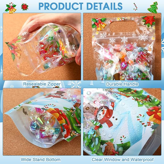 Blosssound 50 Pcs Christmas Goodie Bag Xmas Gift Bags Plastic Snowman Candy Pouches Merry Christmas Favor Pouches with Handle for Xmas Holiday Party Candy Guests Gift Wrapping Supplies Decor(Snowman)