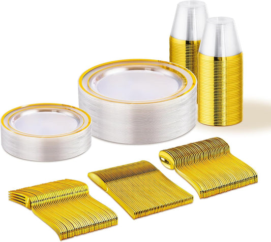 150 PCS Clear Gold Disposable Dinnerware Set for 25 Guests, Clear and Gold Plastic Plates for Party, 25 Dinner Plates, 25 Salad Plates, 25 Cups, 25 Spoons Forks Knives for Wedding and Party Supplies