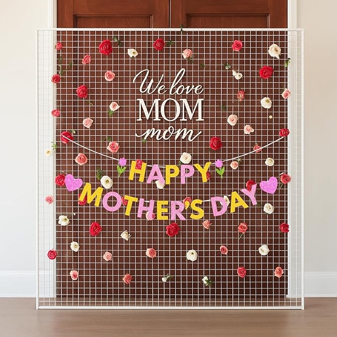 Happy Mother's Day Banner Set Decoration for Mother's Day Party Decorations Backdrop Garland for Mom Mother's Day Glitter Garland Photo Props (Pink Tulip Heart)