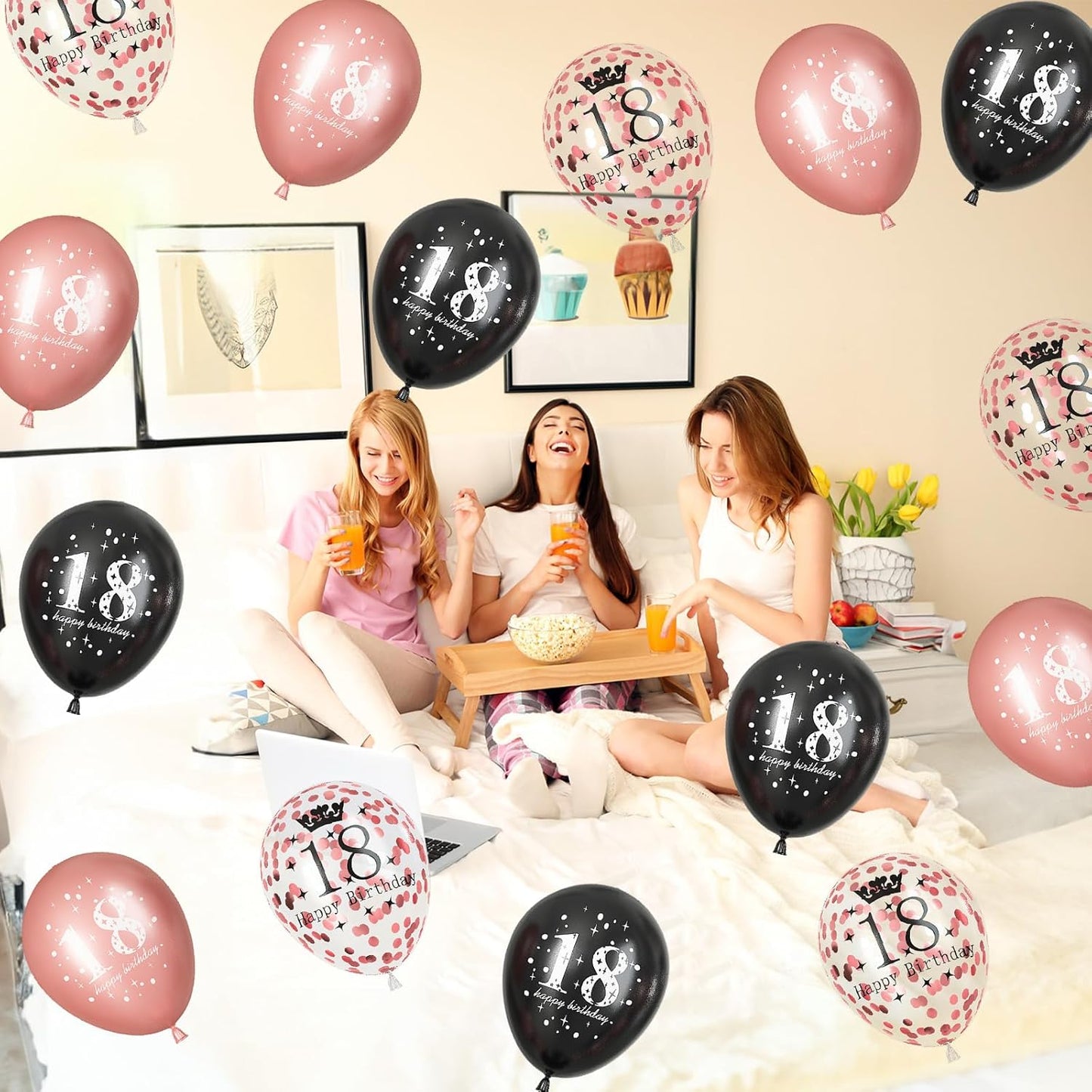 Rose Gold Black 18th Birthday Decorations for Girls, 15Pcs Happy 18th Birthday Helium Latex Balloons, Black Rose Gold Confetti 18th Balloons for Girls Age 18 Years Old Birthday Party Decor Supplies