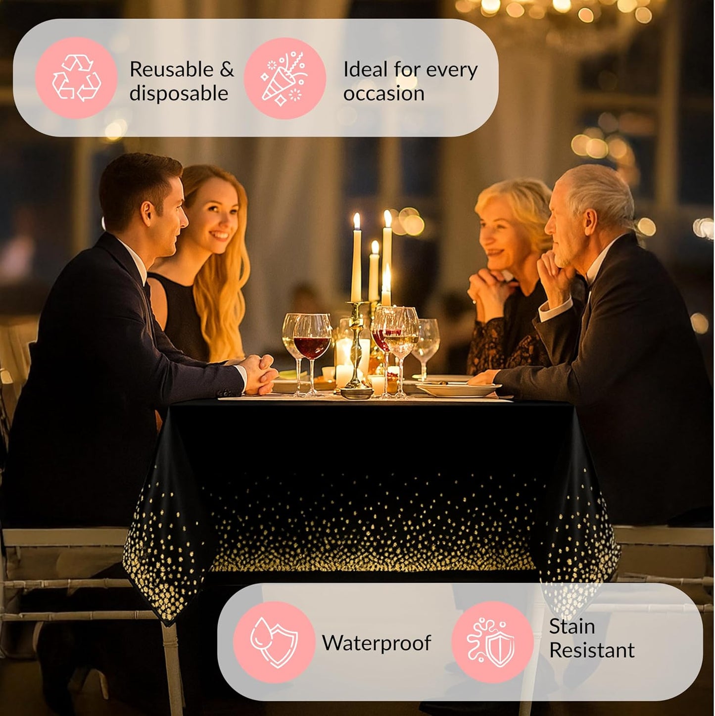 Prestee 12-Pack Black and Gold Dots Disposable Tablecloths – 108x54 Inch Waterproof Plastic Table Covers – Elegant, Heavy-Duty Party Tablecloths for Weddings, Birthdays, Holidays, and Events