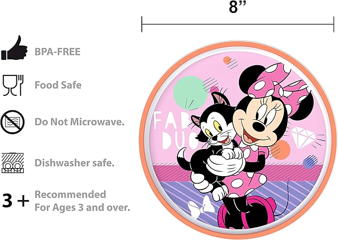 Zak Designs 5-Piece Dinnerware Set, Disney Minnie Mouse - Durable Plastic & Stainless Steel - Includes Water Bottle, 8-Inch Plate, 6-Inch Bowl, Fork & Spoon - Suitable for Kids Ages 3+
