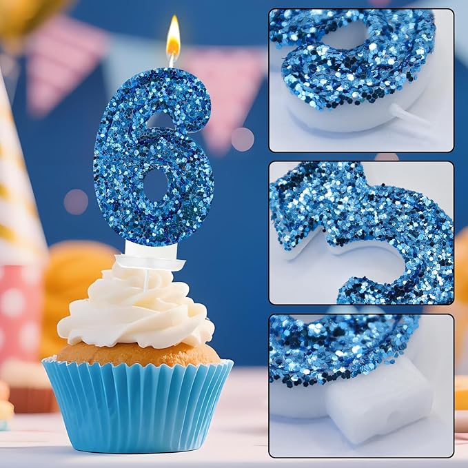 Zailo Birthday Number Candles, Glitter Number Candle Cake Decorations with Sequins, Cupcake Decorations for Girls, Women, Party Anniversary Celebrations (Number 6, Blue)
