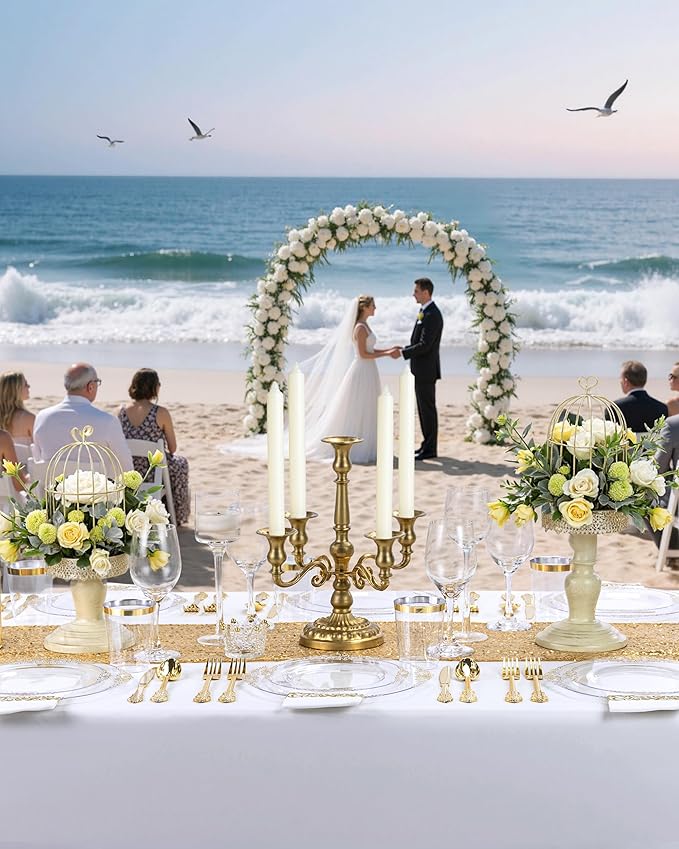 Nervure 100Pcs Clear and Gold Plastic Plates - Heavyweight Gold Disposable Plates - Plastic Plates Include 50Pcs 10.25inch Dinner Plate & 50Pcs 7.5inch Dessert Plate for Wedding & Party