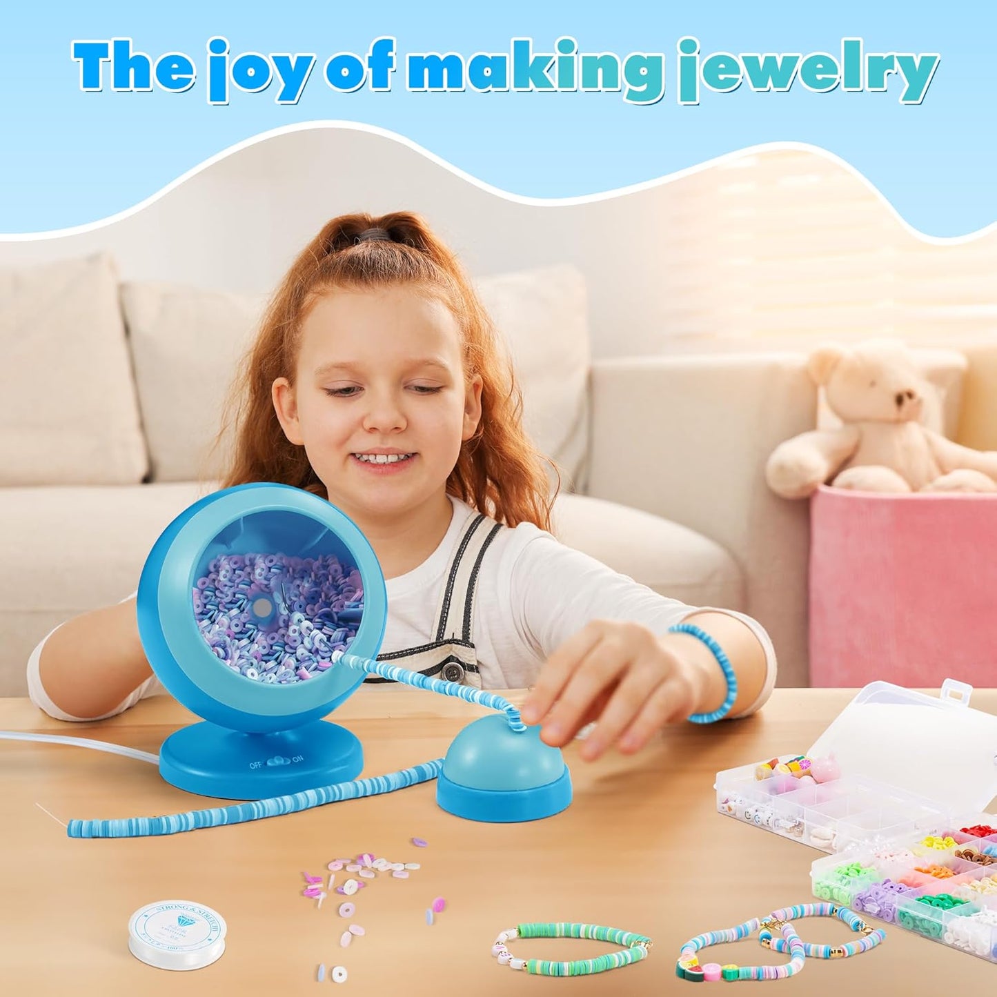 ETUDAW Bead Spinner, Clay Beads Bracelet Making Kit, Beginner 4500 PCS 18 Colors Clay Beads and Charms Kit for Necklaces and Bracelets, DIY Arts and Crafts Birthday Gifts(Blue)