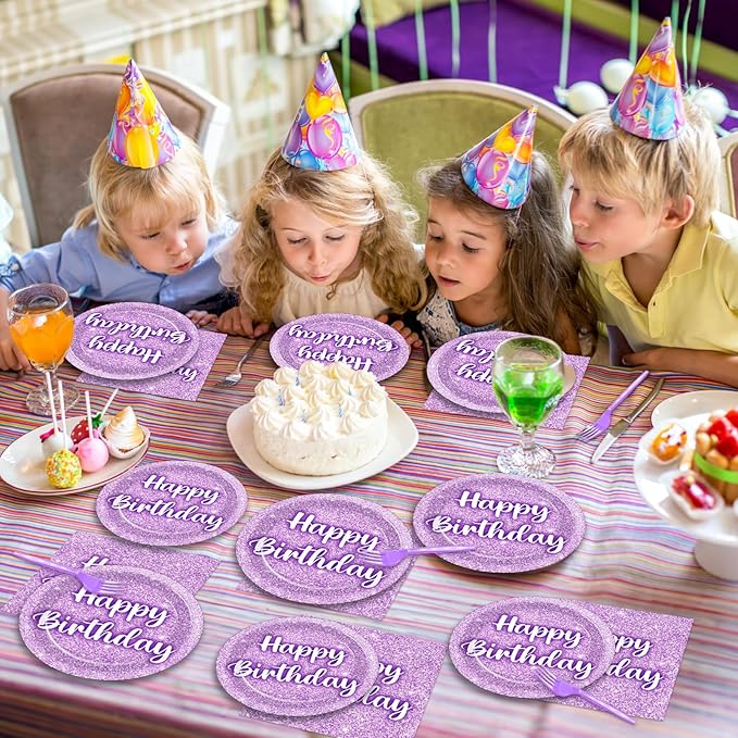96PCS Purple Glitter Birthday Party Plates and Napkins Purple K-pop Tableware Party Paper Plates Glitter Disposable Dinnerware Parties Set for Girls Women Birthday Sprinkle Anniversary Decorations