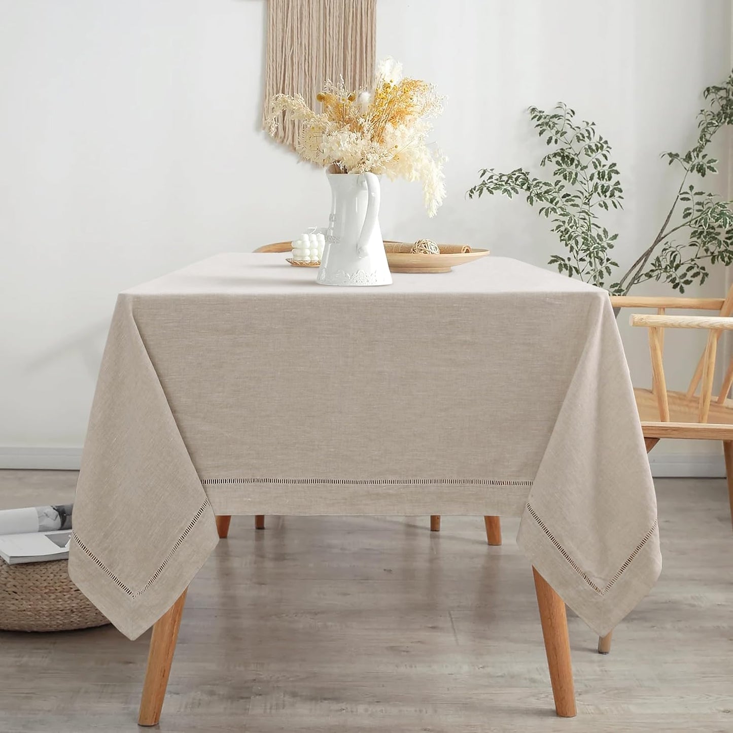 Linen World Hemstitch Linen Tablecloth,French Linen Natural Tablecloth 90" x 60" Inch,Washable Rectangular Table Cloth for Dining,Outdoor,Weddings and Restaurants,Decorative Thanksgiving Christmas