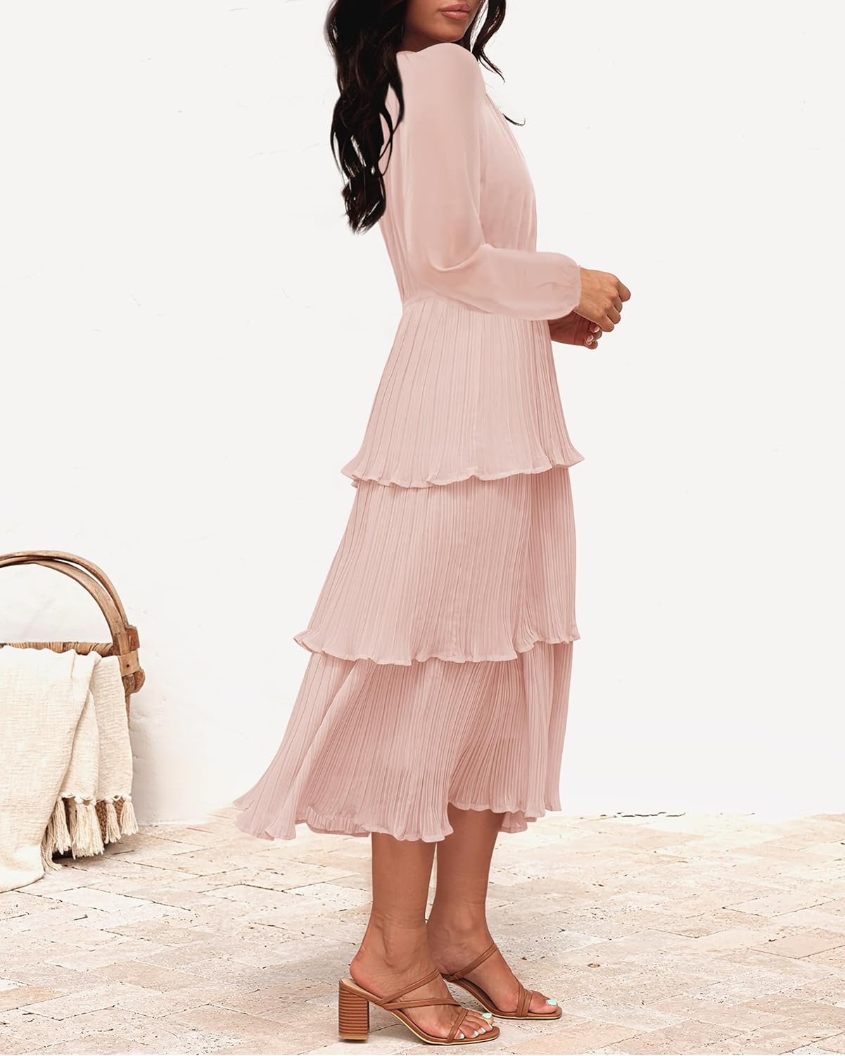 ZESICA Women's 2025 Long Sleeve Crew Neck Ruffle Tiered Layered Chiffon Flowy Swing Long Midi Dress