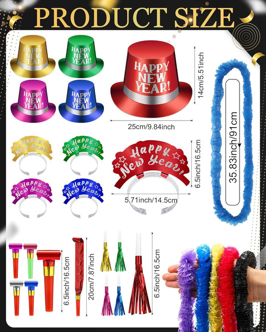 75 Pcs New Year Eve Party Supplies 2026 Midnight Party Decorations Includes Top Hats, Headband Tiara, Colorful Leis, Squawkers, Blowouts for Eve Supplies