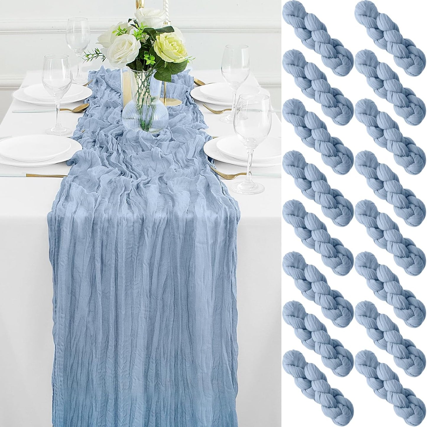 16Pack Dusty Blue Table Runner 10FT Cheese Cloth Table Runner 35x120Inch Long Boho Table Runners Rustic Gauze Table Runners for Party Wedding Bridal Shower Baby Shower Decorations