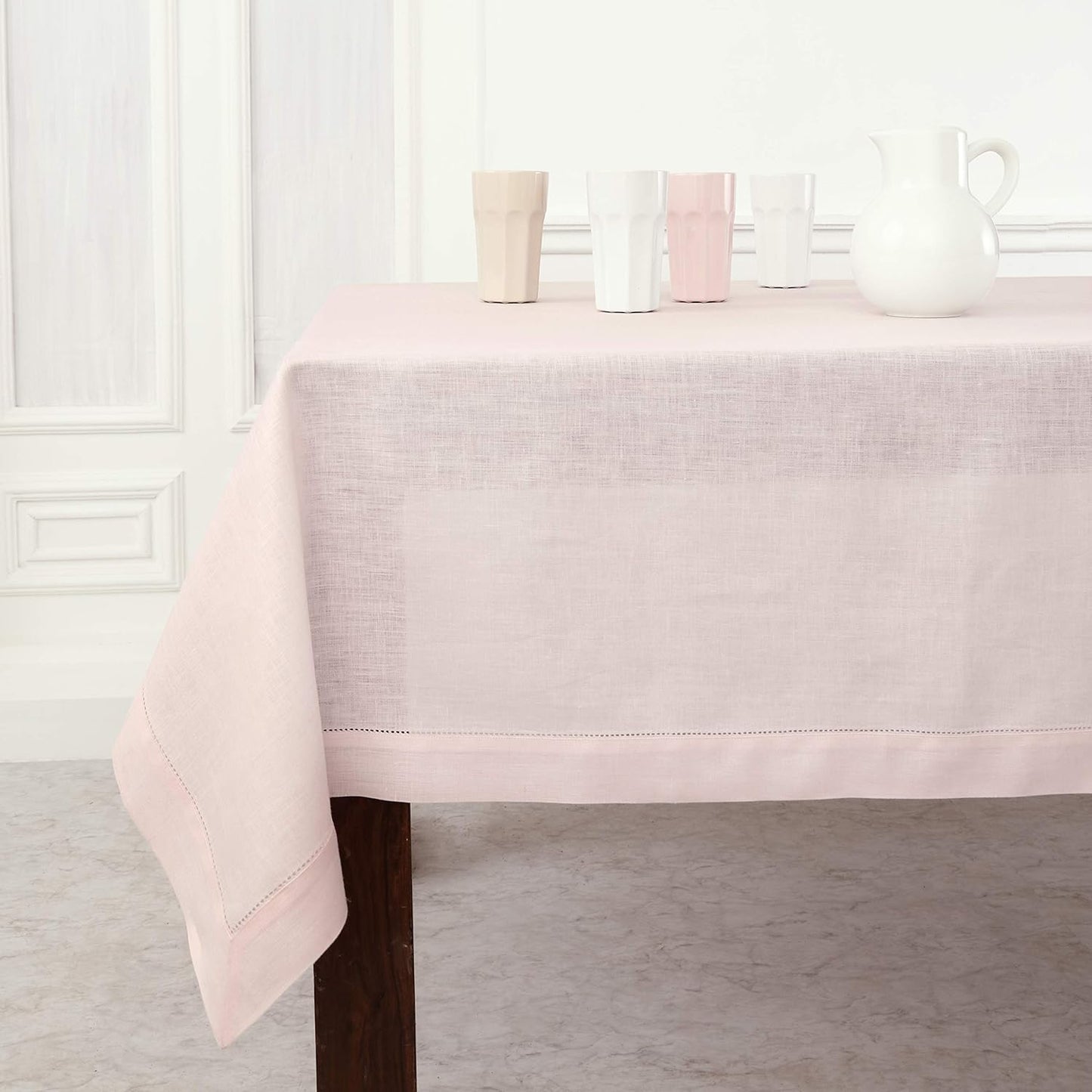 Solino Home Linen Tablecloth for Rectangle Tables 60 x 90 Inch - Classic Hemstitch 100% Pure Linen Pink Table Cloth - Machine Washable Cloth Tablecloth for Halloween
