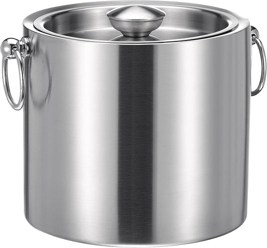 Ice Bucket with Lid & Tong- Well Made Insulated Stainless Steel Keep Ice Frozen Longer - Ideal for Cocktail Bar, Parties, Chilling Wine, Champagne - 3 Liter (Stainless Steel)