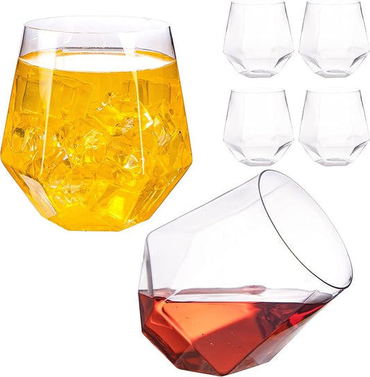 LUODA 32 Pack Clear Plastic Stemless Wine Glasses, 12 Oz Clear Plastic Diamond Glasses, Disposable Whiskey Glasses for Birthday, Housewarming Wine Glasses For White Wine