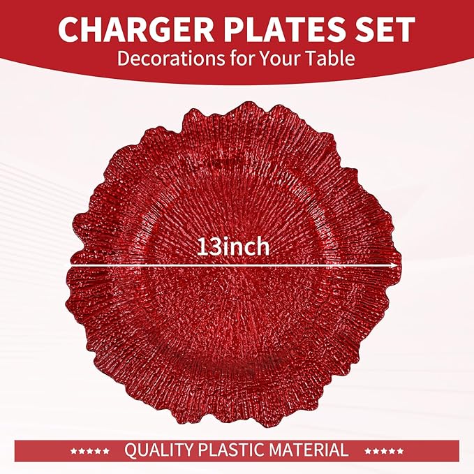 Teruntrue 50 Pcs Red Charger Plates Bulk 13 Inch Plastic Charger Plates for Dinner Plate, Red Chargers for Table Setting, Reef Design Plate Floral Decorative Round Chargers for Wedding Party, Event
