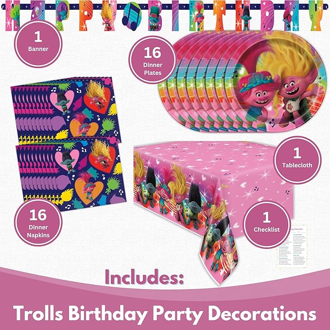 Trolls Birthday Party Decorations for 16 - Bundle with Trolls Plates and Napkins, Tablecloth, Banner, Checklist - Party Supplies - Officially Licensed