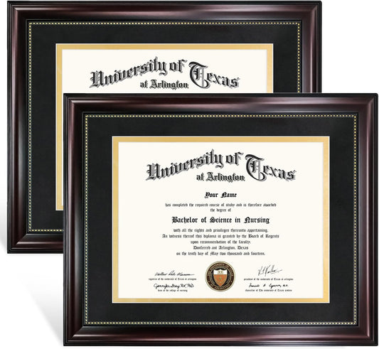 GraduationMall 8.5x11 Diploma Frame with Black over Gold Mat or Display 11x14 Document without Mat, UV Protection Acrylic, Mahogany with Gold Beads, Set of 2
