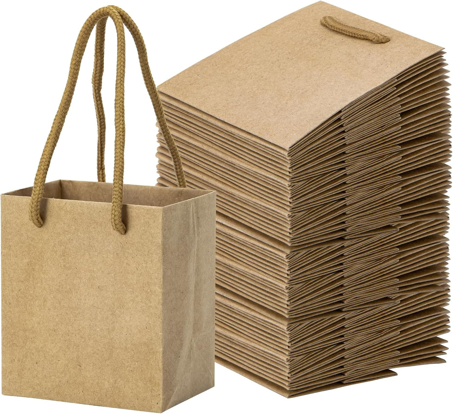 driew Small Brown Gift Bags 50 Pcs, 4" x 2.8" x 4.5" Min Thick Kraft Paper Bags Bulk with Brown Handles Set for Wedding Party Birthday Gathering Baby Shower