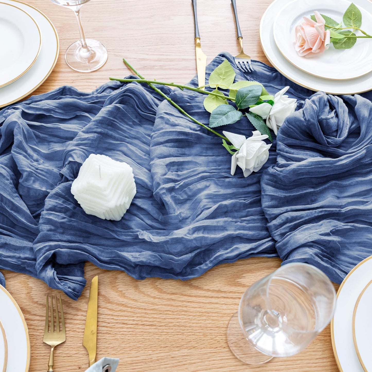 Wokceer Cheesecloth Table Runner Blue 10FT Boho Gauze Cheese Cloth Table Runner for Party Long Rustic Sheer Table Runners for Baby Bridal Shower Wedding Easter Table Decor
