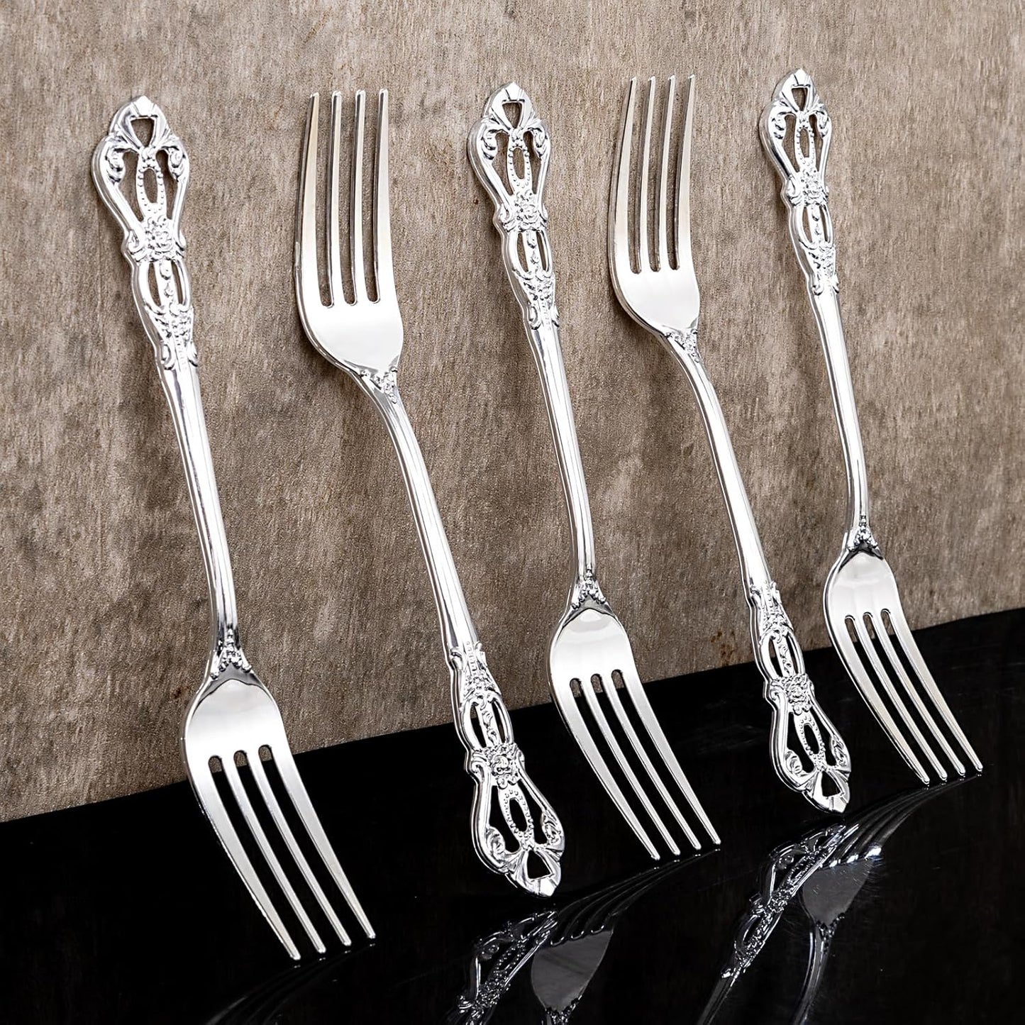 30PCS Silver Plastic Forks - 8.1inch Silver Forks Disposable - Vintage Heavy Duty Dessert Forks - Premium Fancy Plastic Silverware for Parties, Weddings, Dinners and Events