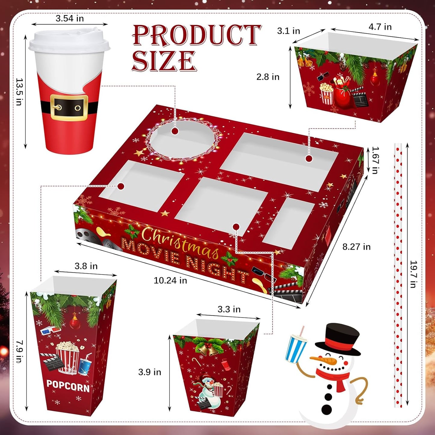 Bokon 172 Pcs/ 24 Sets of Christmas Movie Night Snack Trays 3 Sizes Snack Boxes, 16 oz Disposable Drinks Cups, 50 Straws, Complimentary Sealing Stickers for Cinema Party Decoration(Paper,Snow)