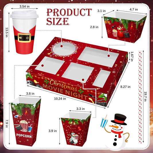Bokon 172 Pcs/ 24 Sets of Christmas Movie Night Snack Trays 3 Sizes Snack Boxes, 16 oz Disposable Drinks Cups, 50 Straws, Complimentary Sealing Stickers for Cinema Party Decoration(Paper,Snow)