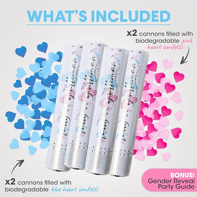 PrimePure Gender Reveal Confetti Cannon - Biodegradable Heart Shaped Confetti Poppers - Pink & Blue, 4 Pack - Baby Girl or Baby Boy Gender Reveal Party Poppers - Party Supplies Pop Gun