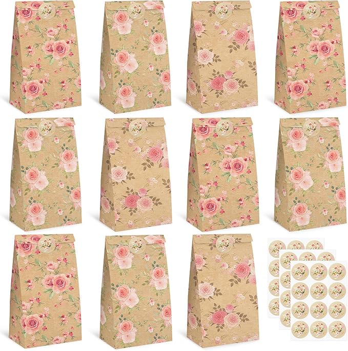 VGOODALL 36 Pack Gift Bags with Stickers, 4.7x3.1x8.7 Inch Floral Party Favor Treat Bags for Wedding Baby Shower Birthday Bulk Gift Packaging Supplies
