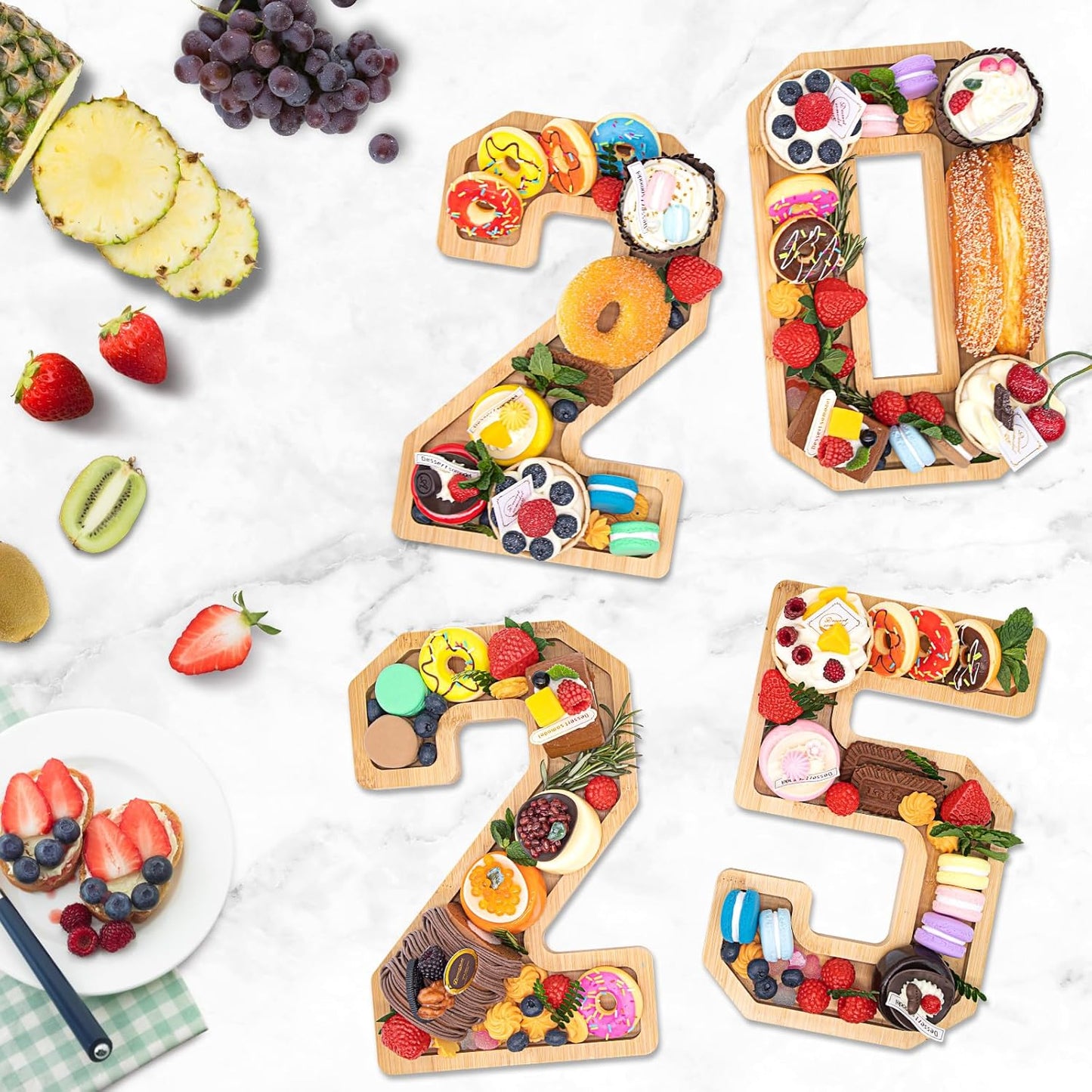 4PCS Wooden Graduation Decorations Number Charcuterie Board Box-(with 14 Balloons) 2025 Charcuterie Numbers Fillable Food Graduation Party Supplies