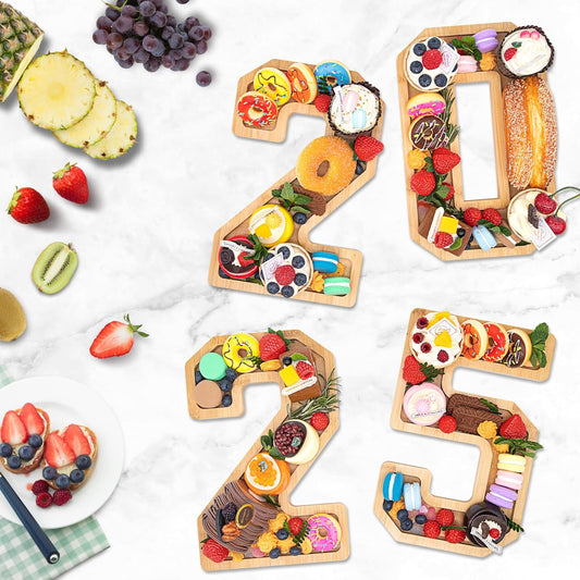 4PCS Wooden Graduation Decorations Number Charcuterie Board Box-(with 14 Balloons) 2025 Charcuterie Numbers Fillable Food Graduation Party Supplies